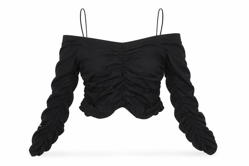 Front view of Zara women’s black cotton basic blouse, size S, off the shoulder - rouched