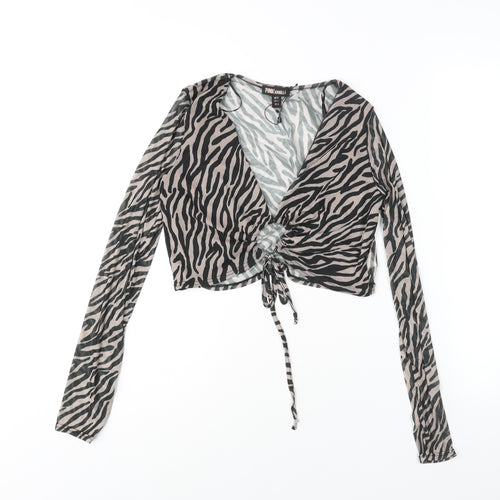 Pink Vanilla Womens Black Animal Print Polyester Cropped Blouse Size 12 V-Neck - Semi Sheer Tiger Print