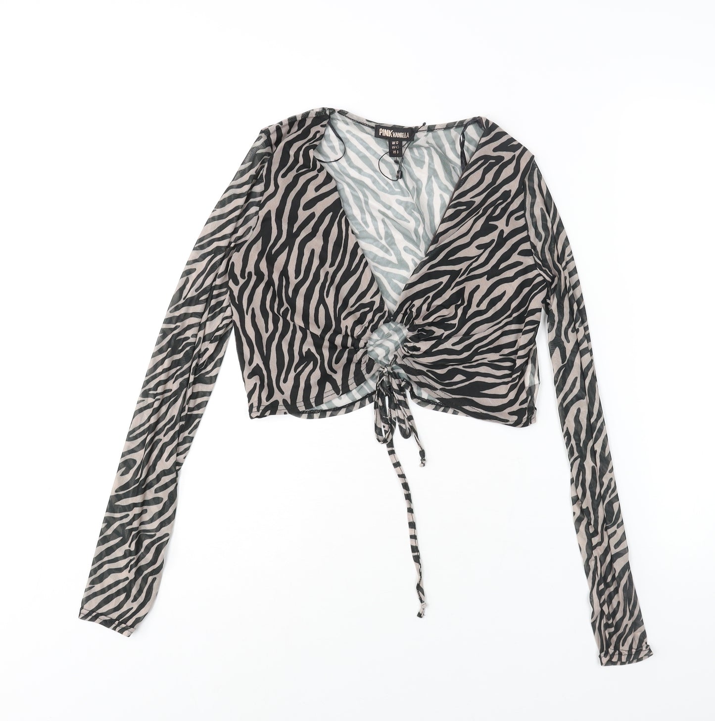 Pink Vanilla Womens Black Animal Print Polyester Cropped Blouse Size 12 V-Neck - Semi Sheer Tiger Print