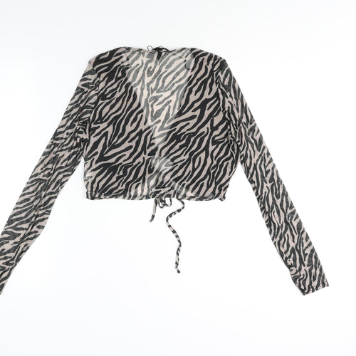 Pink Vanilla Womens Black Animal Print Polyester Cropped Blouse Size 12 V-Neck - Semi Sheer Tiger Print