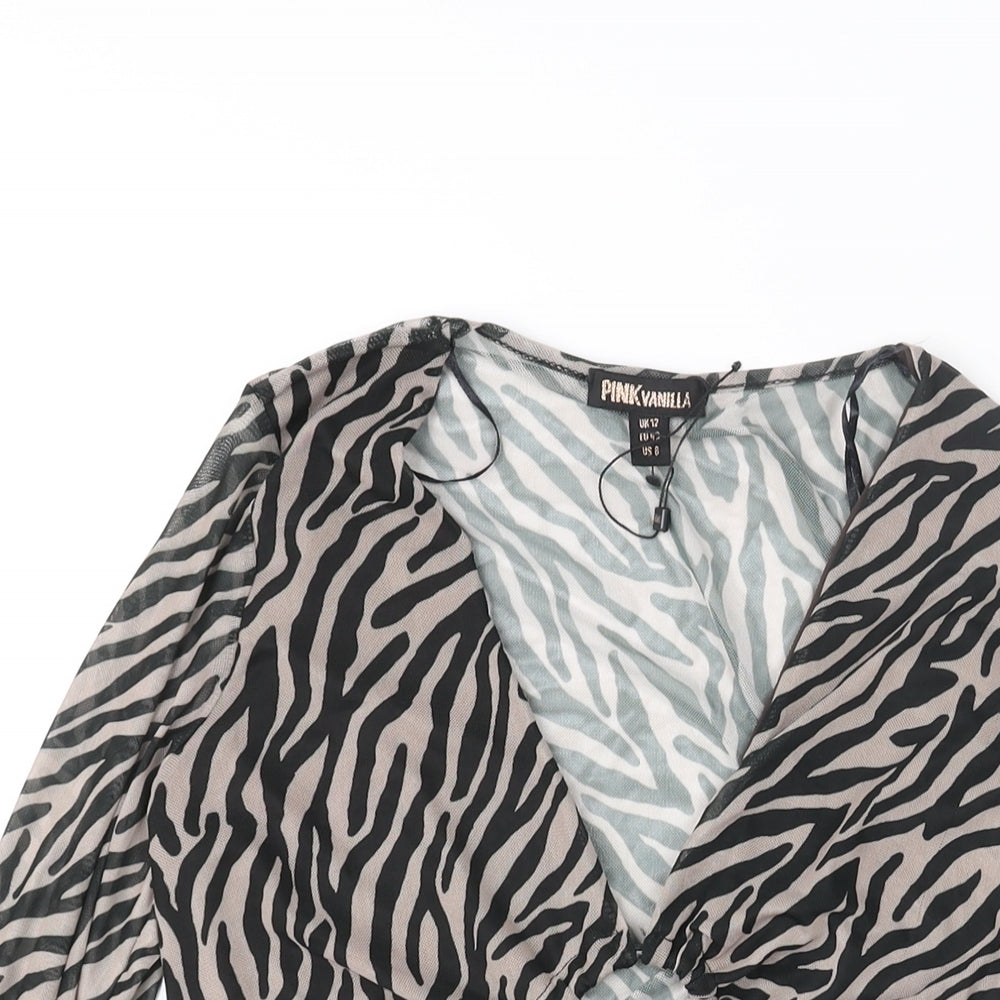 Pink Vanilla Womens Black Animal Print Polyester Cropped Blouse Size 12 V-Neck - Semi Sheer Tiger Print