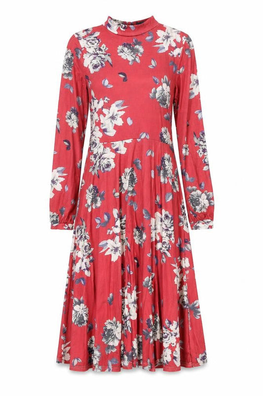 Front view of Boohoo women’s pink floral polyester a-line, size UK 14, mock neck button