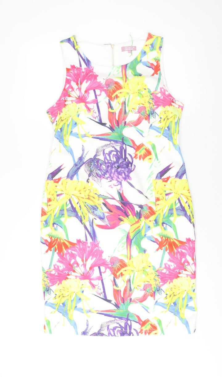 SaSa Womens White Polyester Shift Size M Round Neck Zip - Floral Print