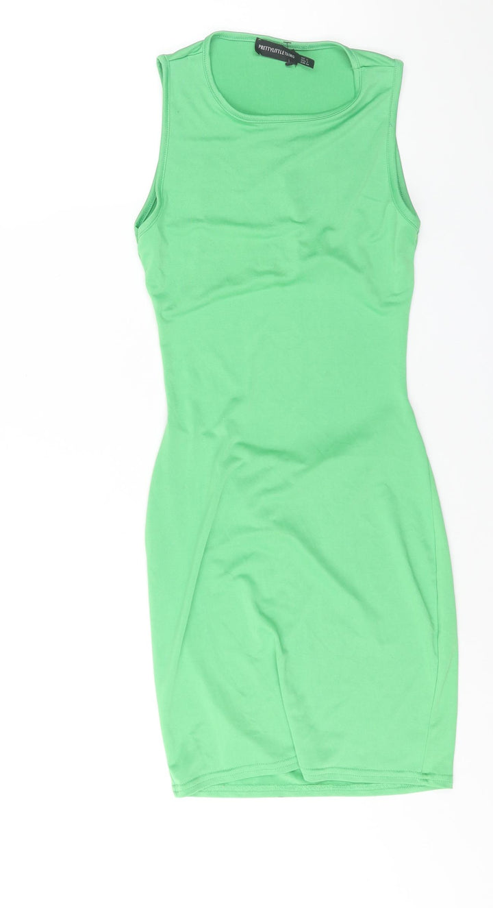 PRETTYLITTLETHING Womens Green Polyester Bodycon Size 6 Round Neck Pullover - Back Cut Out