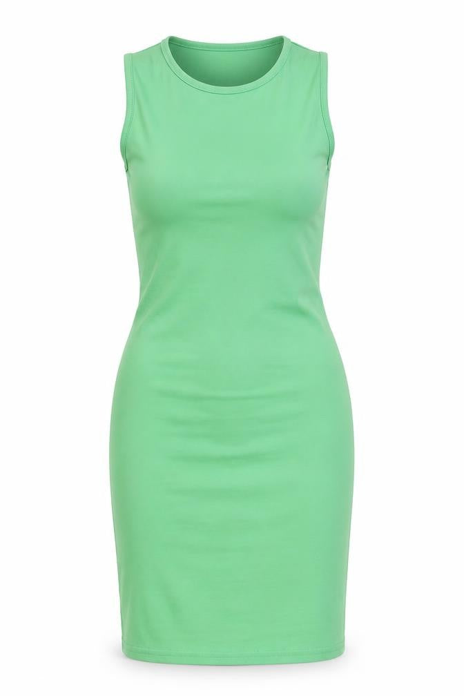 Front view of PRETTYLITTLETHING women’s green polyester bodycon, size UK 6, round neck pullover - back cut out