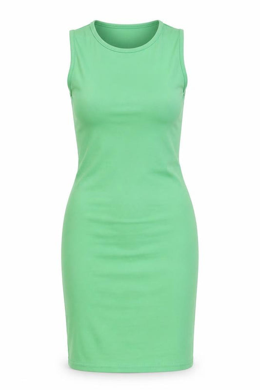 Front view of PRETTYLITTLETHING women’s green polyester bodycon, size UK 6, round neck pullover - back cut out
