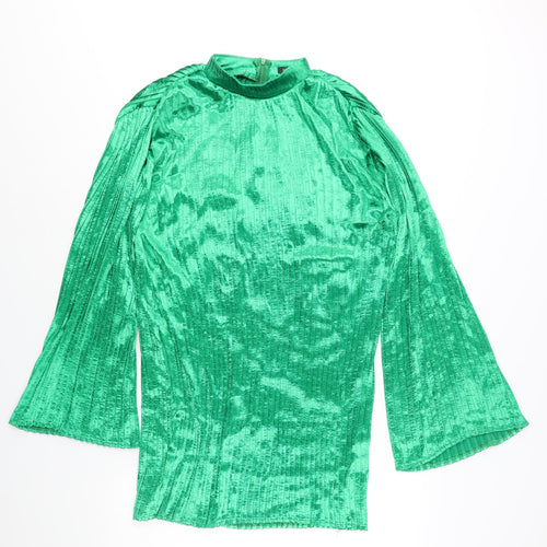 Boohoo Womens Green Polyester Shift Size 10 Mock Neck Zip - Pleated