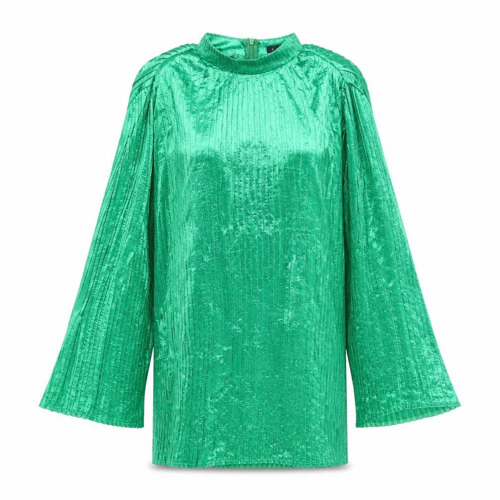 Front view of Boohoo women’s green polyester shift, size UK 10, mock neck zip - pleated