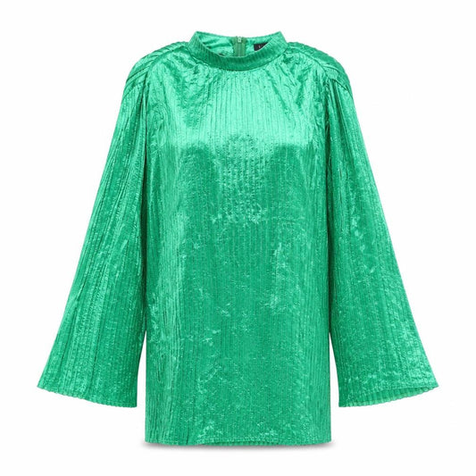 Front view of Boohoo women’s green polyester shift, size UK 10, mock neck zip - pleated
