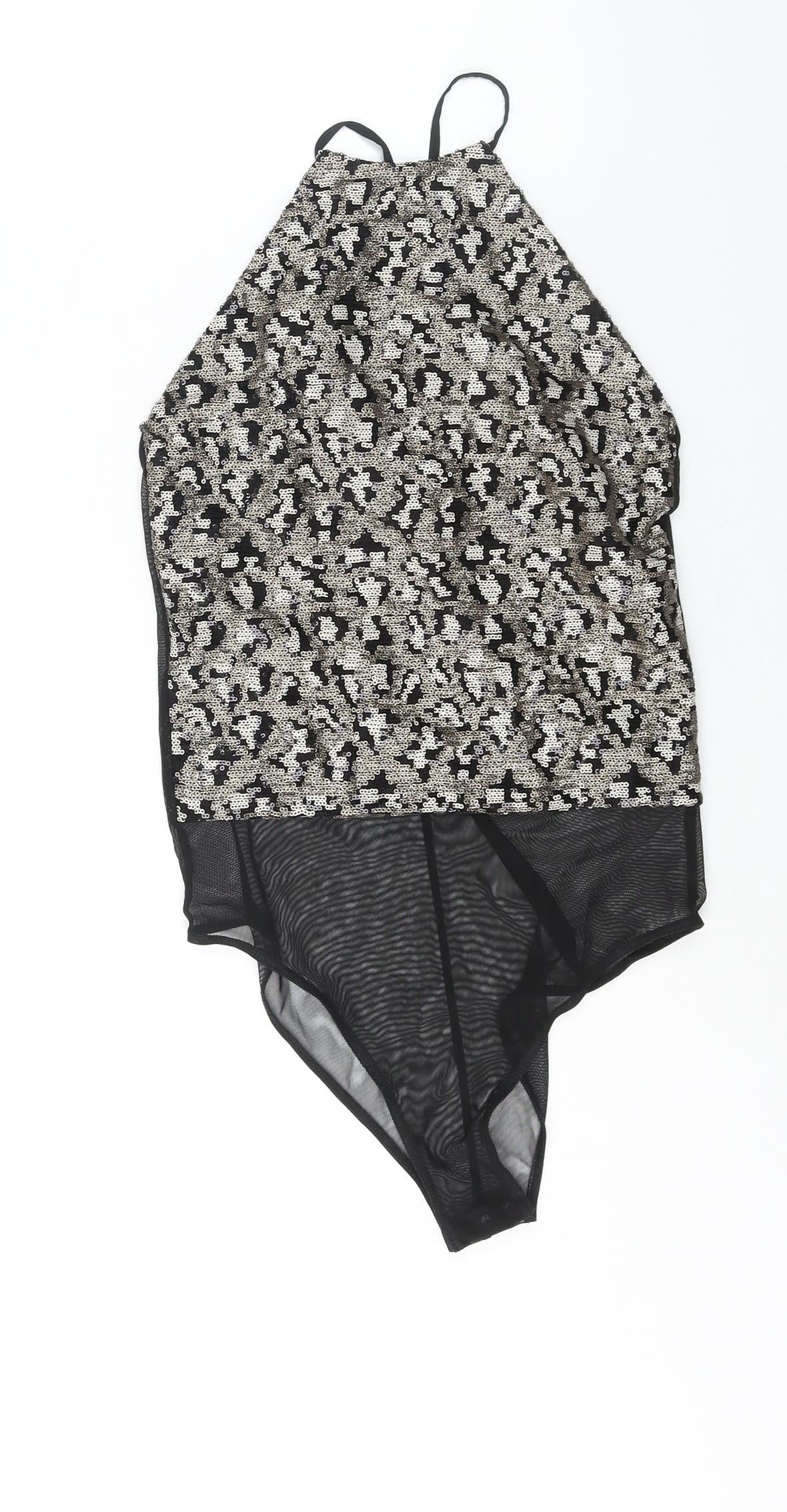 Topshop Womens Gold Nylon Bodysuit One-Piece Size 8 Snap - Sequin Open Back