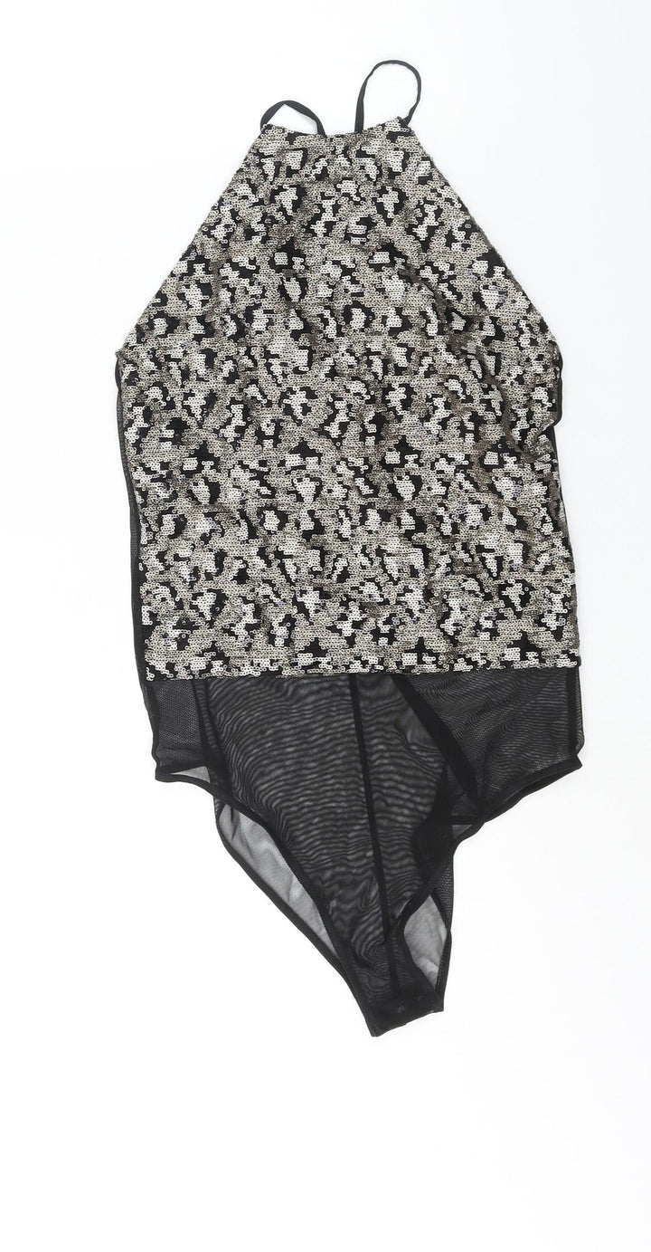 Topshop Womens Gold Nylon Bodysuit One-Piece Size 8 Snap - Sequin Open Back