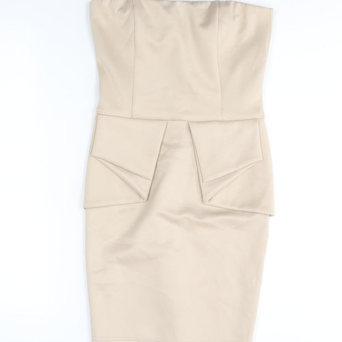 AX Paris Womens Beige Polyester Bodycon Size 10 Square Neck Zip - Peplum Detail