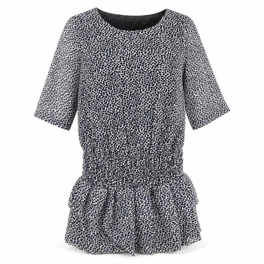 Front view of Mango women’s multicoloured animal print polyester shift, round neck pullover - frill hem leopard print