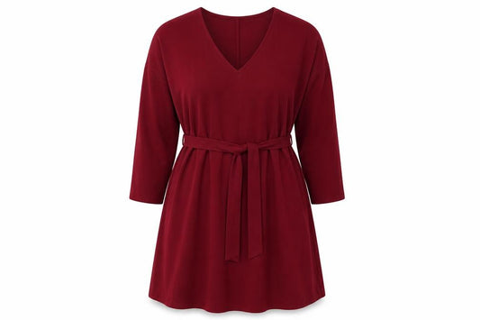 Front view of Boohoo women’s red polyester a-line, size UK 18, v-neck pullover - belted