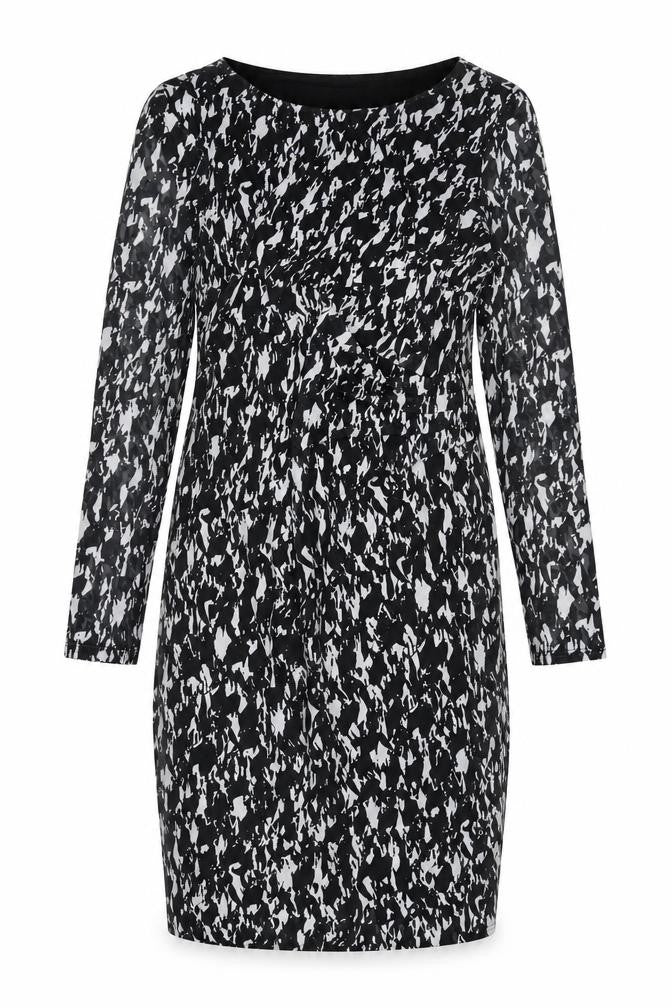 Front view of Tchibo women’s gold geometric polyester pencil dress, size UK 12, round neck pullover - rouched