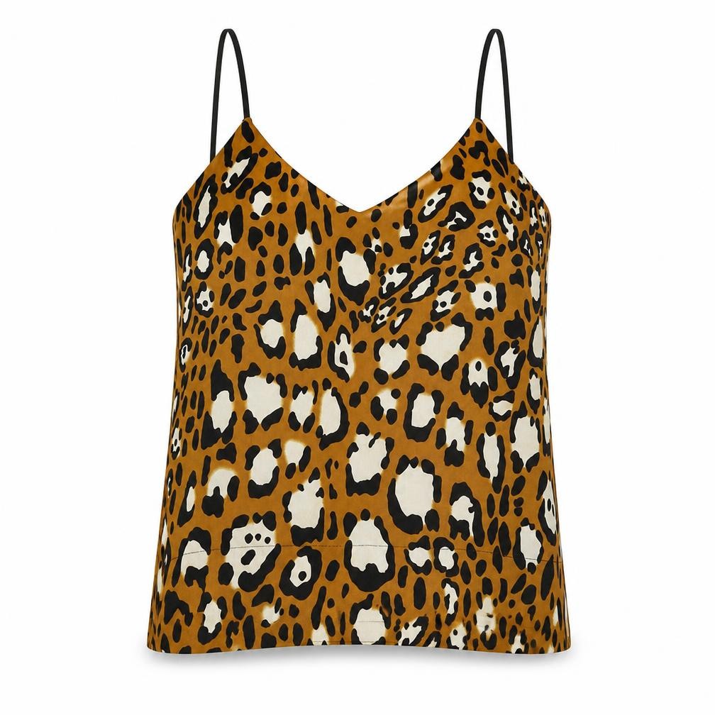 Front view of Topshop women’s brown animal print polyester basic blouse, size UK 8, v-neck - jaguar print
