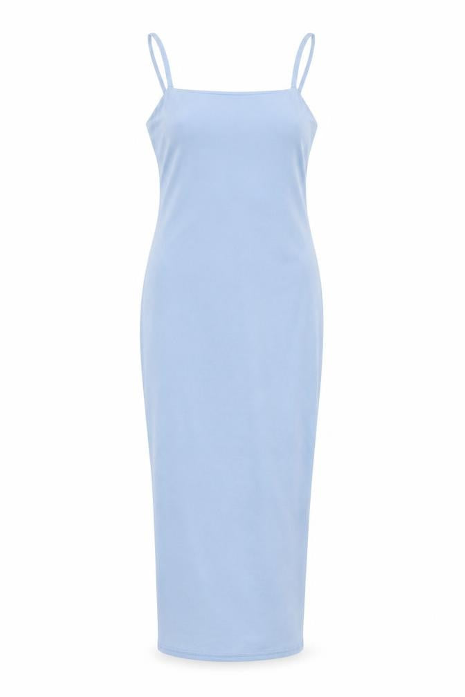 Front view of PRETTYLITTLETHING women’s blue polyester bodycon, size UK 6, square neck pullover