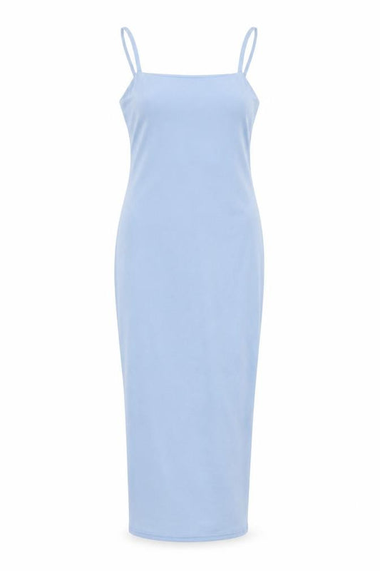 Front view of PRETTYLITTLETHING women’s blue polyester bodycon, size UK 6, square neck pullover