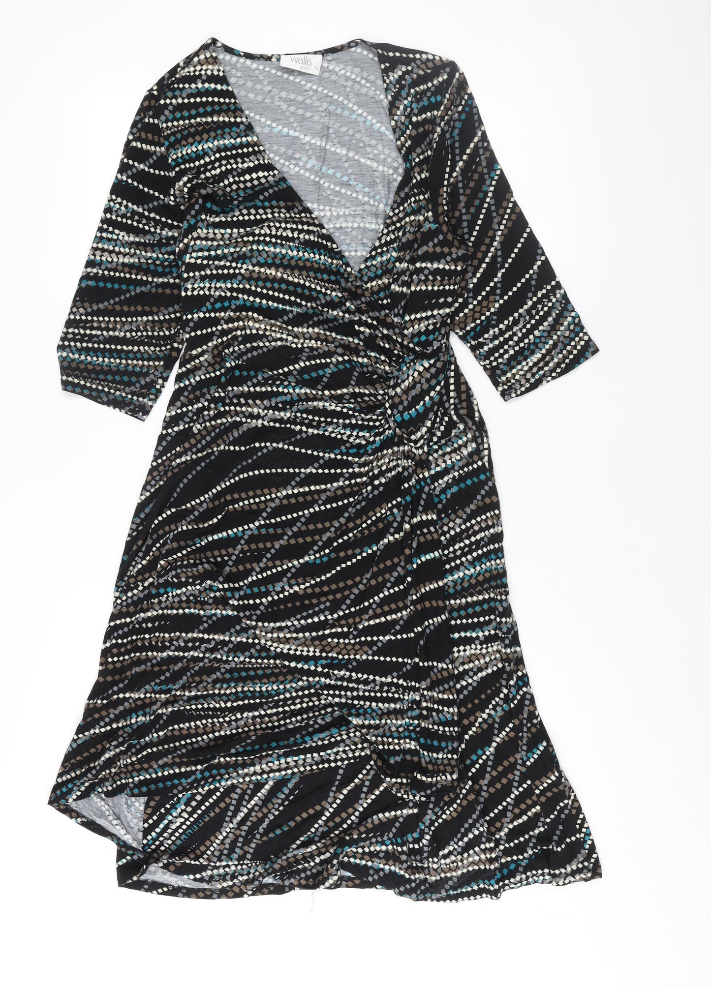 Wallis Womens Black Geometric Viscose Wrap Dress Size 16 V-Neck Pullover