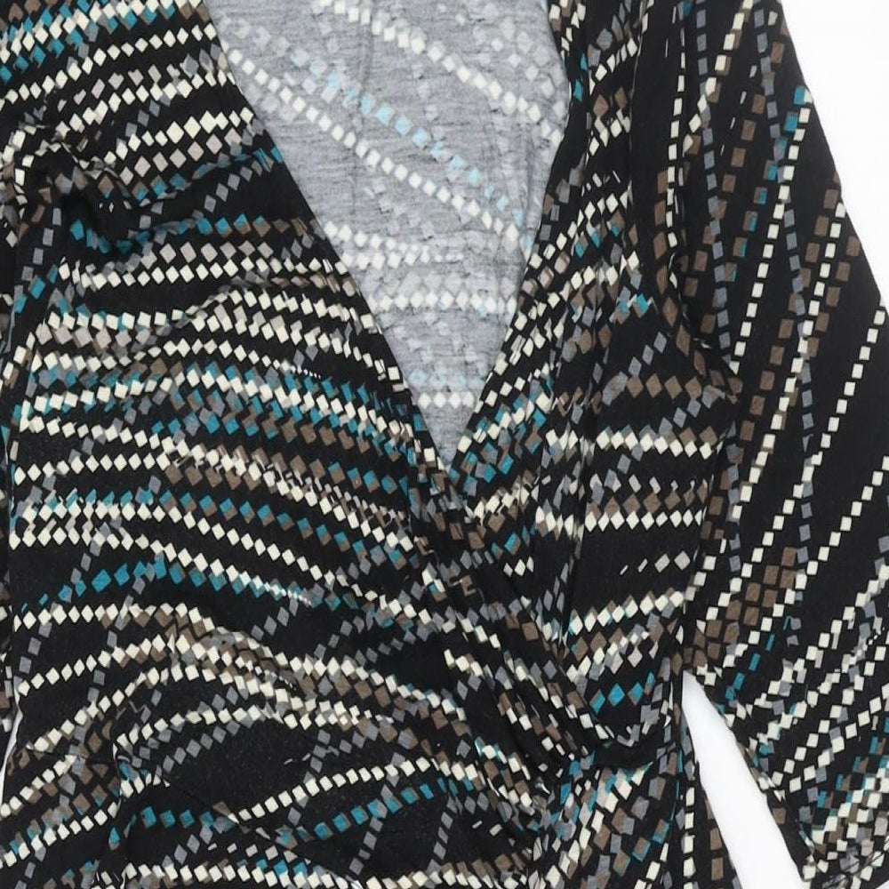 Wallis Womens Black Geometric Viscose Wrap Dress Size 16 V-Neck Pullover