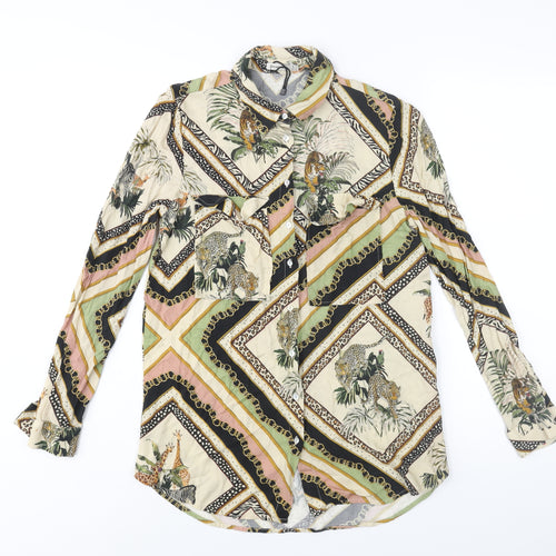 Stradivarius Womens Multicoloured Geometric Viscose Basic Button-Up Size S Collared - Tiger Animal Print