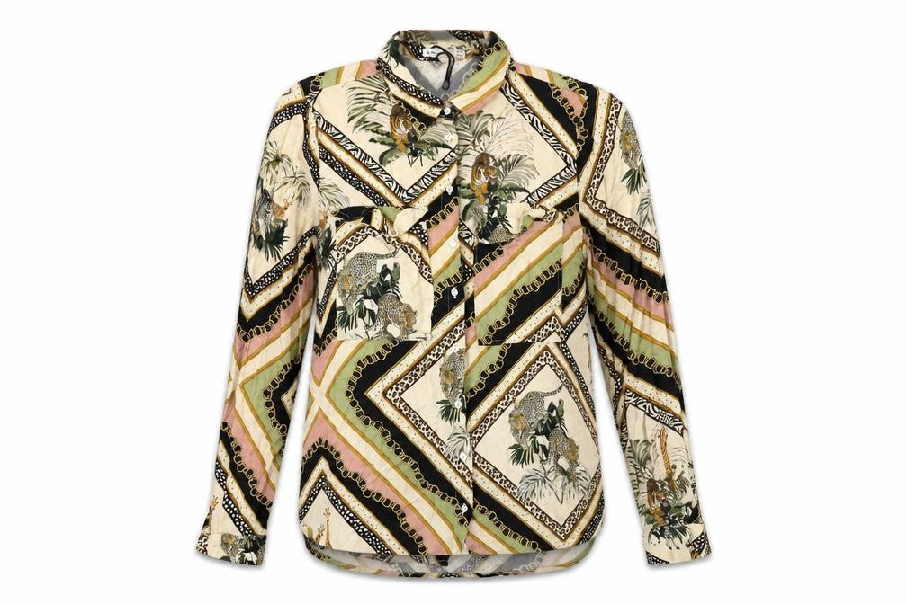 Front view of Stradivarius women’s multicoloured geometric viscose basic button-up, size S, collared - tiger animal print