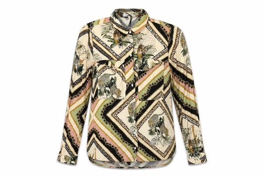 Front view of Stradivarius women’s multicoloured geometric viscose basic button-up, size S, collared - tiger animal print