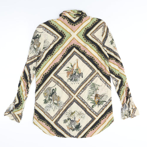 Stradivarius Womens Multicoloured Geometric Viscose Basic Button-Up Size S Collared - Tiger Animal Print