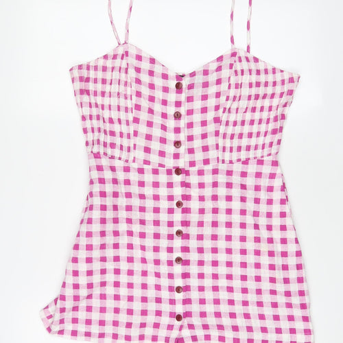 Zara Womens Purple Plaid Linen Playsuit One-Piece Size M Button - Pleated