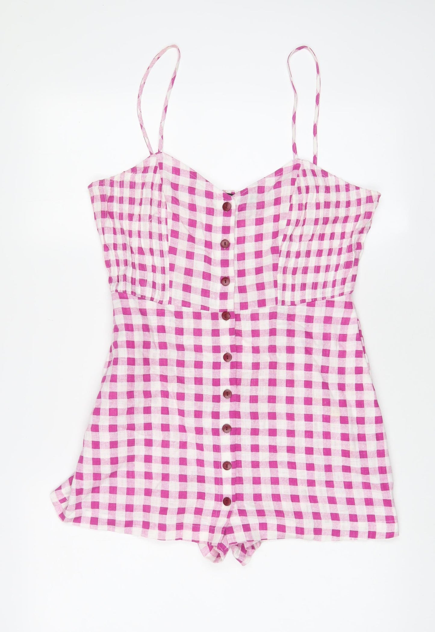 Zara Womens Purple Plaid Linen Playsuit One-Piece Size M Button - Pleated