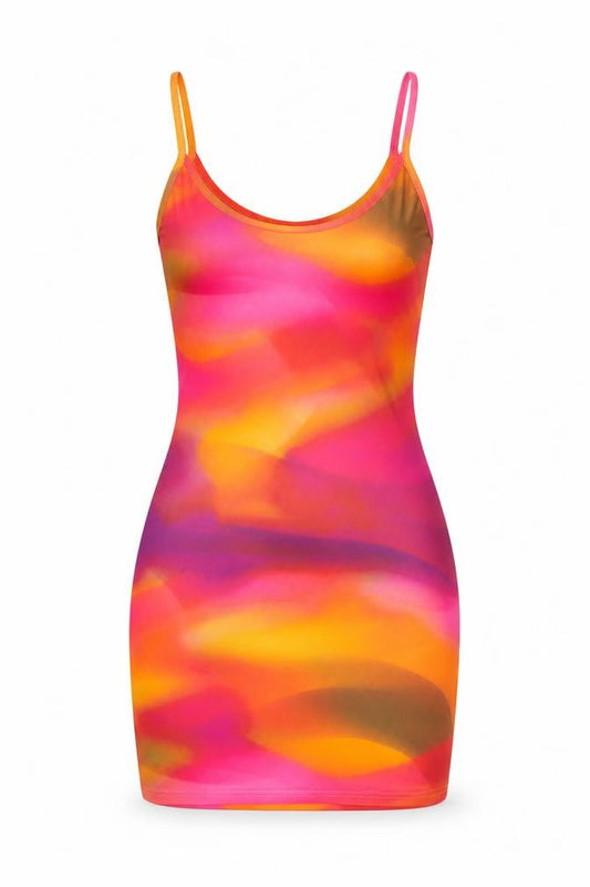 Front view of PRETTYLITTLETHING women’s multicoloured tie dye polyester bodycon, size UK 8, scoop neck pullover