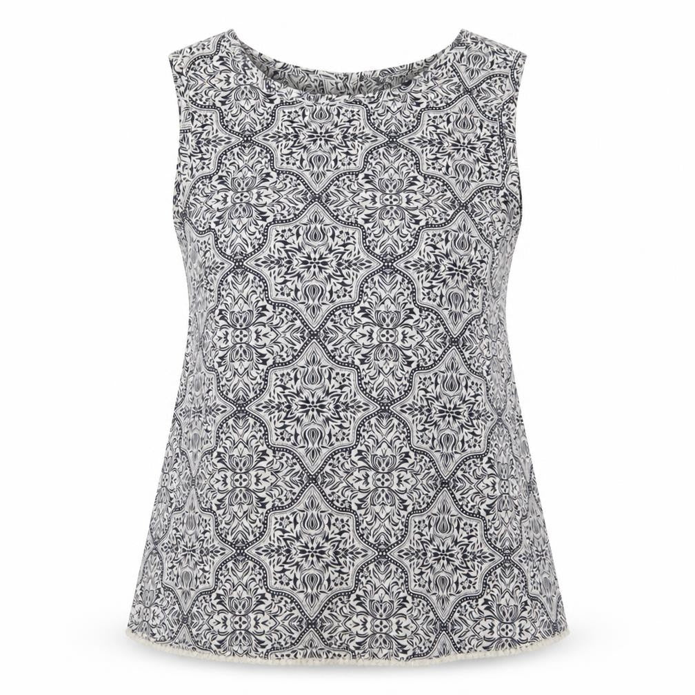 Front view of New Look women’s blue fair isle polyester basic tank, size UK 10, boat neck - embroidered