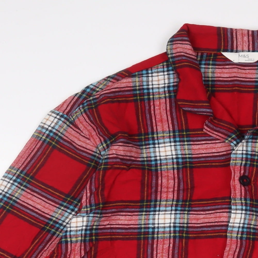 Marks and Spencer Womens Red Plaid Cotton Babydoll Pyjama Top Size M Button - Oversized