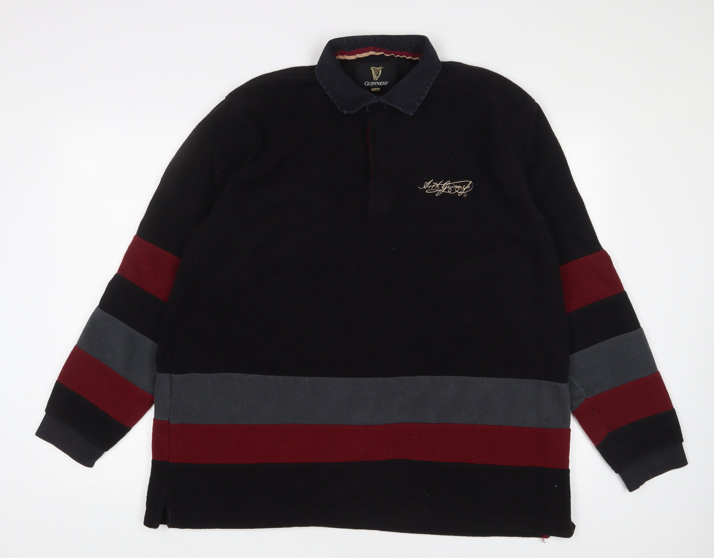 Guinness Mens Black Polyester Polo Size XL Collared Button - Logo, Embroidered