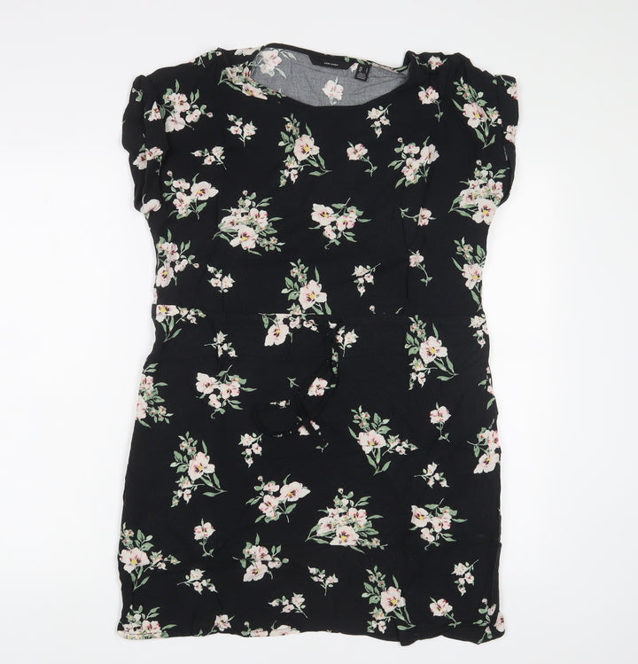 VERO MODA Womens Black Floral Viscose A-Line Size L Crew Neck Pullover - Drawstring