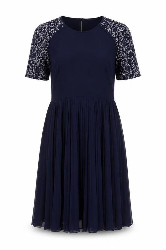 Front view of ASOS women’s blue polyester a-line, size UK 10, crew neck button - lace, pleated