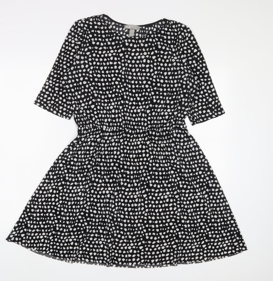 Front view of ASOS women’s black geometric polyester a-line, size UK 10, crew neck pullover - belted