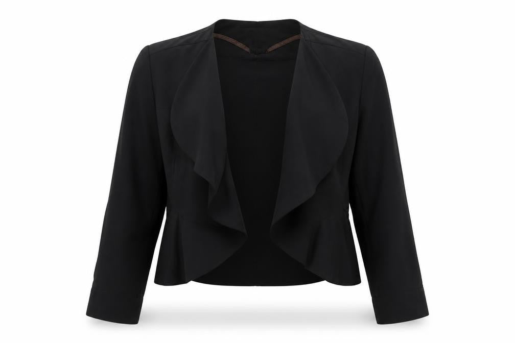 Front view of Warehouse women’s black v-neck lyocell shrug jumper, size UK 14, - open