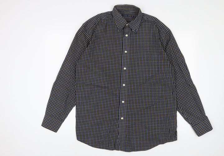 Debenhams Mens Blue Plaid Cotton Button-Up Size M Collared Button