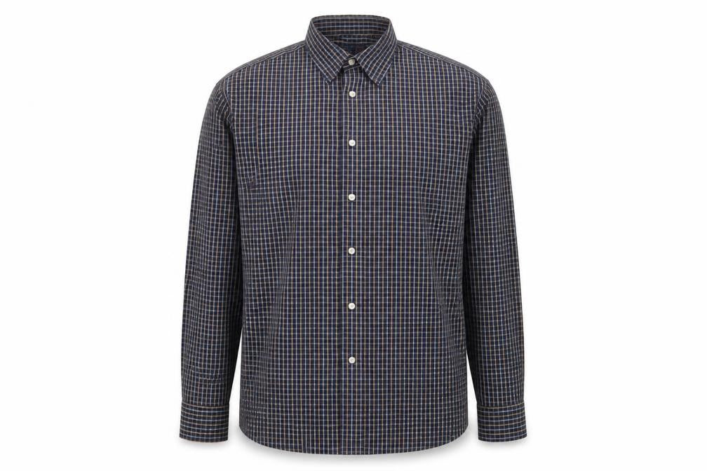 Front view of Debenhams men’s blue plaid cotton button-up, size M, collared button