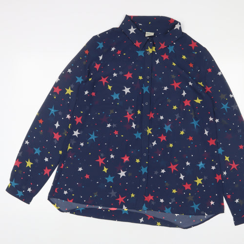 Frugi Womens Blue Geometric Polyester Basic Button-Up Size 12 Collared - Star Pattern