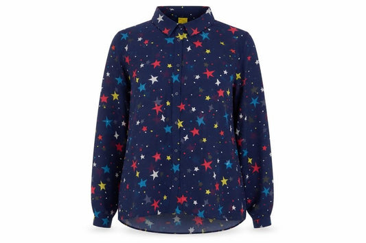 Front view of Frugi women’s blue geometric polyester basic button-up, size UK 12, collared - star pattern