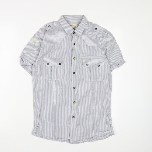 Crafted Mens Blue Striped Cotton Button-Up Size S Collared Button - Pockets