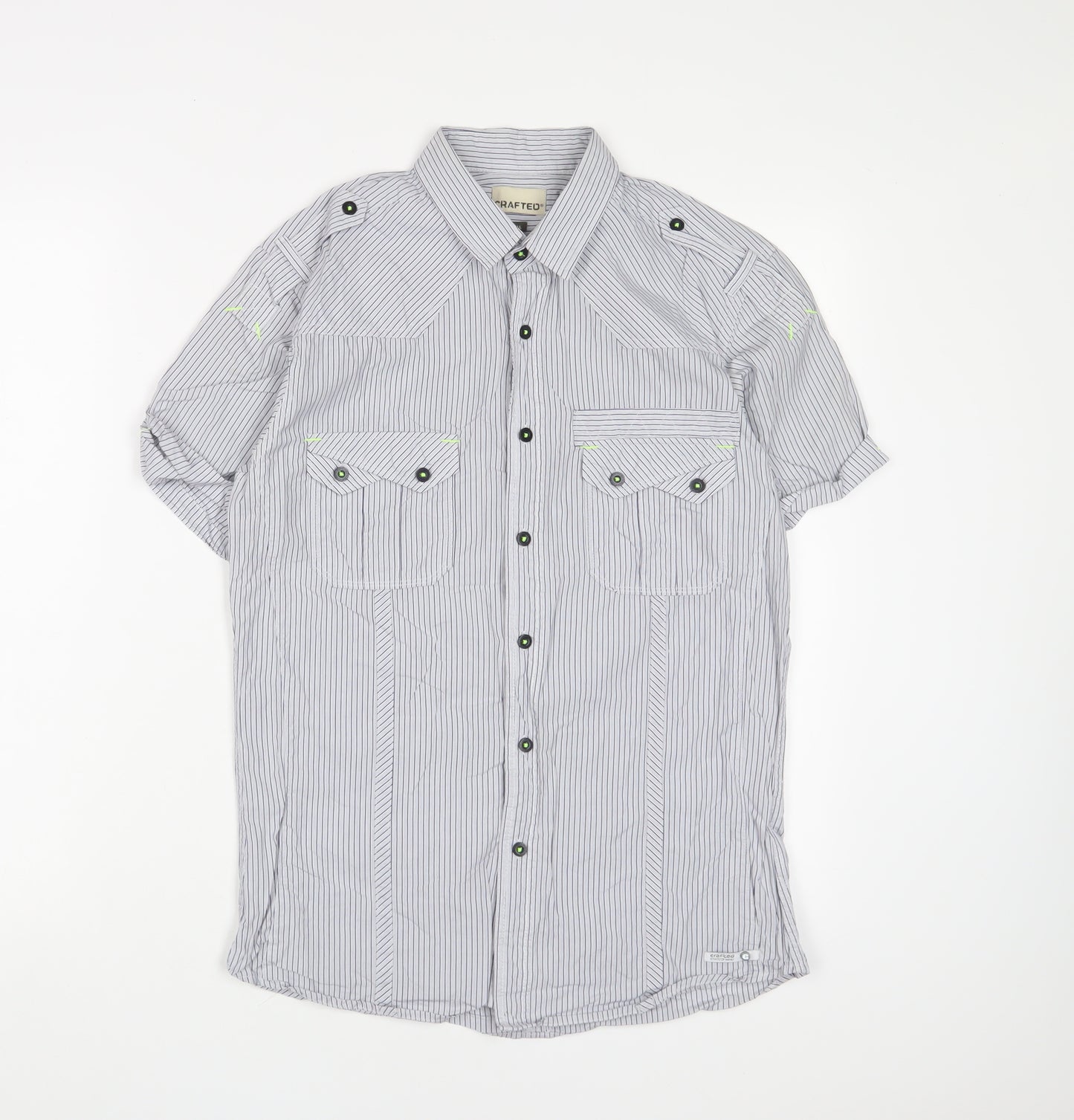 Crafted Mens Blue Striped Cotton Button-Up Size S Collared Button - Pockets