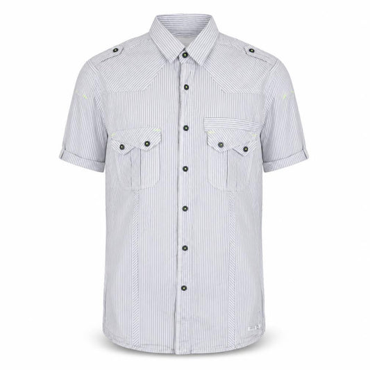 Front view of Crafted men’s blue striped cotton button-up, size S, collared button - pockets