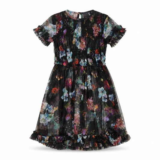 Front view of Next girls’ multicoloured floral polyester a-line, size 4, years roll neck button - pleated