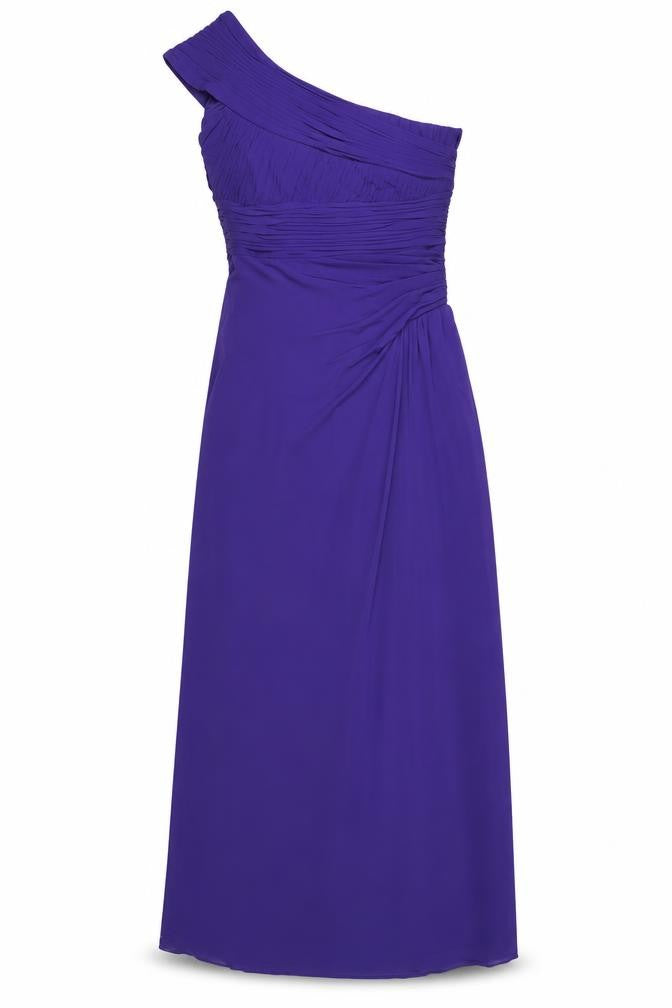 Front view of Coast women’s purple polyester a-line, size UK 8, one shoulder zip