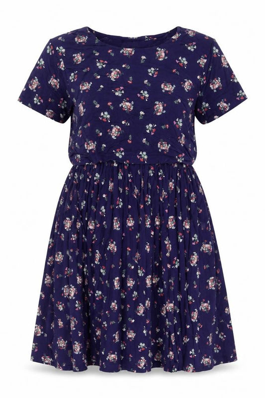 Front view of ASOS women’s blue floral viscose a-line, size UK 10, boat neck pullover