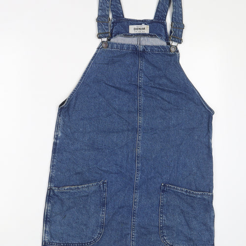 New Look Womens Blue Cotton Pinafore/Dungaree Dress Size 8 Square Neck Button