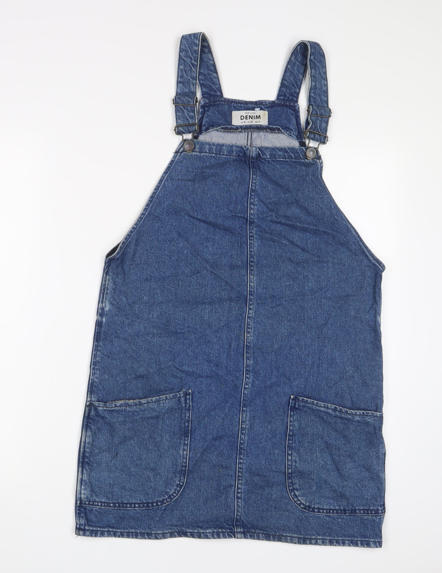 New Look Womens Blue Cotton Pinafore/Dungaree Dress Size 8 Square Neck Button